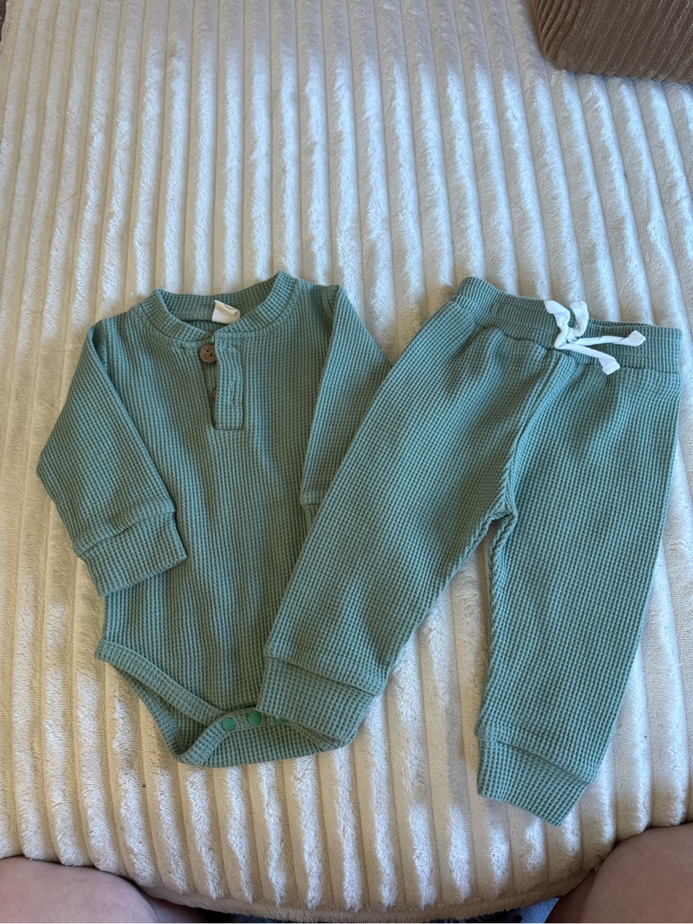 Waffle Knit Baby Onesie & Pants Set - Sage Green